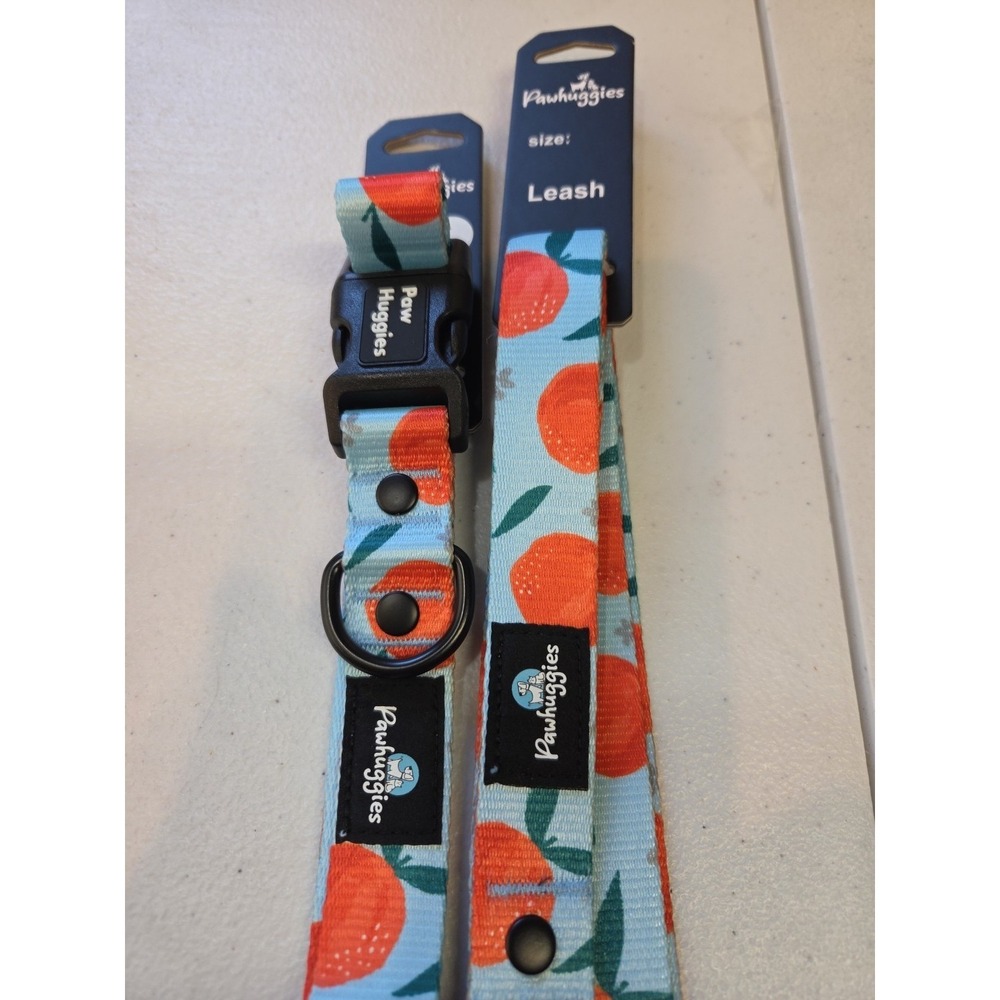 Paw Huggies Dog Collar & Leash Set Orange Fruit Print Adjustable Blue NWT